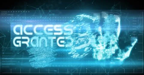 Image of access granted text, online security padlock and biometric fingerprint Stockfoto's