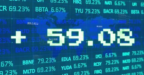Image of addition symbol with numbers and trading board against map over blue Ilustração Stock