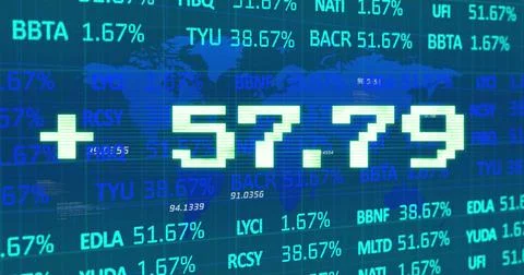 Image of addition symbol with numbers and trading board against map over blue Ilustração Stock