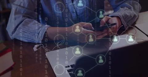 Image of ai binary coding and data over biracial female student using smartphone Foto stock