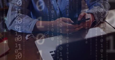 Image of ai binary coding and data over biracial female student using smartphone 库存照片