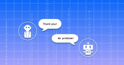 Image of ai bot conversation and binary coding on speech bubbles over blue 스톡 일러스트