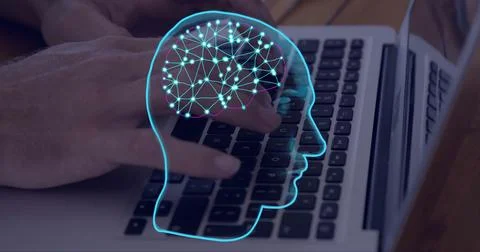 Image of ai brain and data processing over caucasian man typing on computer Stock Photos