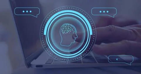 Image of ai brain and data processing over caucasian man typing on computer Foto stock