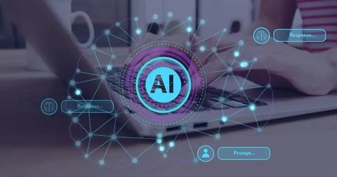 Image of ai brain and data processing over caucasian woman typing on computer Stock Photos