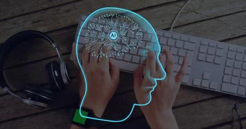 Image of ai brain and data processing over caucasian man typing on computer Fotos de archivo