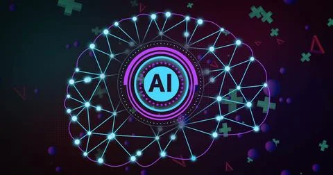 Image of ai brain and data processing over computer servers Stock Photos