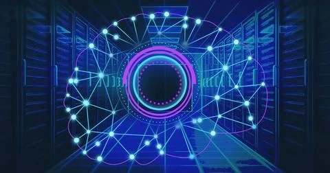 Image of ai brain and data processing over computer servers Foto stock