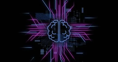 Image of ai brain, circuit board with data processing over black background Stock Illustration