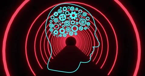 Image of ai brain with cogs digital data processing over scope on black Foto stock