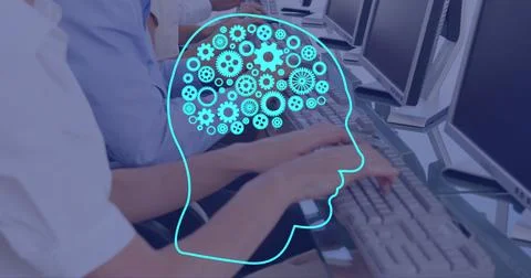 Image of ai brain with cogs over diverse people using computers 스톡 사진