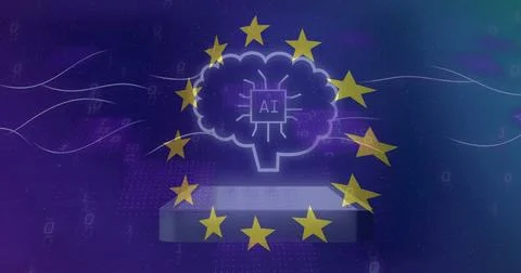 Image of, AI brain with microchip surrounded by EU stars over digital background Stock Illustration