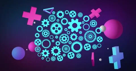 Image of ai brain network of cogs with 3d shapes rotating on dark background Illustrazione stock