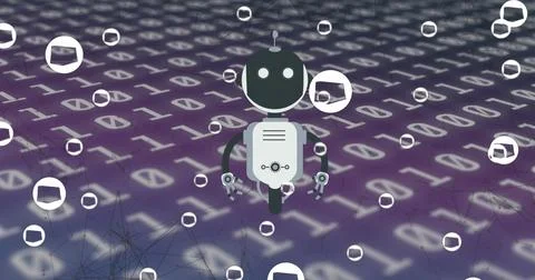 Image of ai chat bot and icons over binary coding background Illustrazione stock