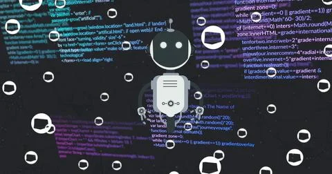 Image of ai chat bot and icons over data processing background Stock Illustration
