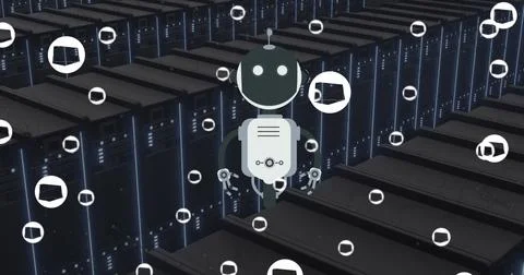 Image of ai chat bot and icons over computer server background 스톡 일러스트