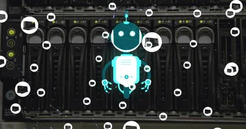 Image of ai chat bot and icons over computer server background Illustrazione stock