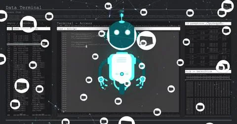 Image of ai chat bot and icons over data processing Illustrazione stock