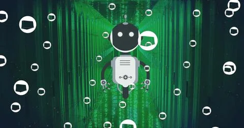 Image of ai chat bot and icons over computer server background Stock Illustration