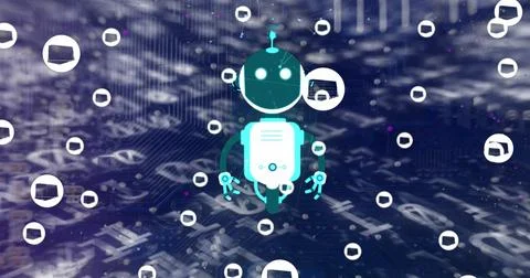 Image of ai chat bot and icons over binary coding background Illustrazione stock