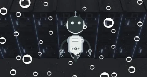 Image of ai chat bot and icons over computer server background Stock Photos
