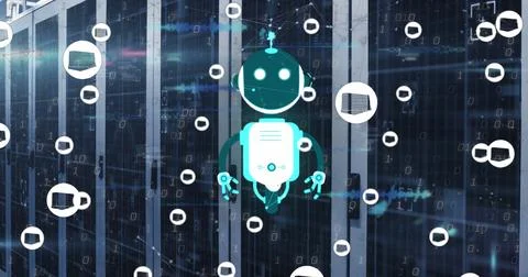 Image of ai chat bot and icons over computer server background Stock Photos
