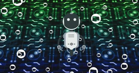 Image of ai chat bot and icons over colourful striped background Stock Photos