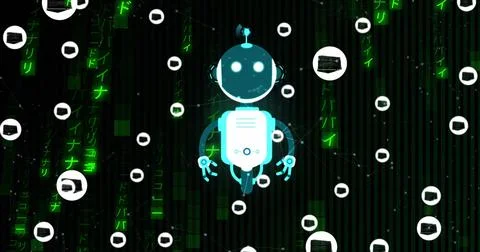 Image of ai chat bot and icons over binary coding on black background Stock Photos