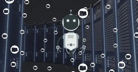 Image of ai chat bot and icons over computer server background Stock Photos