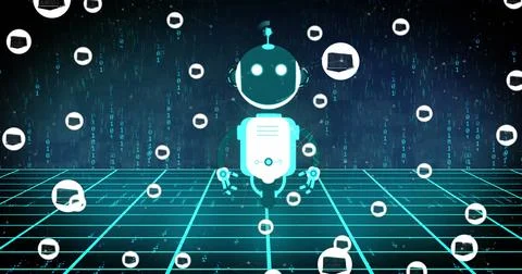 Image of ai chat bot and icons over binary coding background Stock Photos