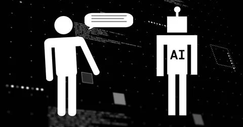 Image of ai chat bots and data processing over black background Stockfoto's