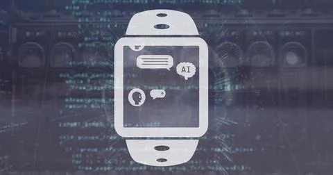 Image of ai chat box in digital watch over computer language against cables 写真素材