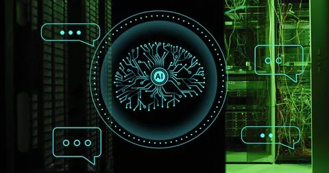 Image of ai chat dialogue and scanner with ai brain network over servers Stock Illustration