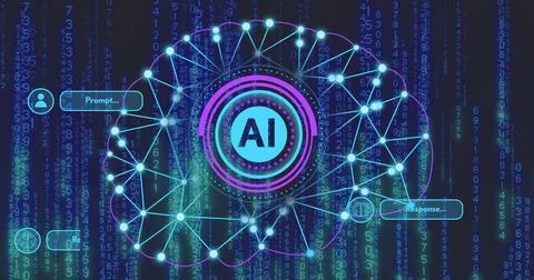 Image of ai chat dialogue and scanner with ai brain network over processing data Stock Illustration