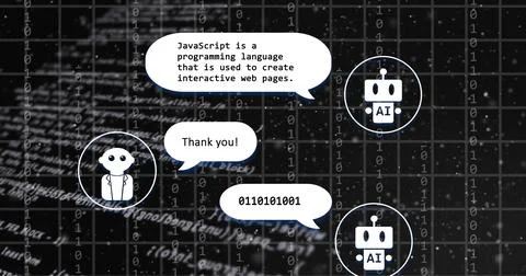 Image of ai chat interface, grid pattern and computer language over black Stock Photos