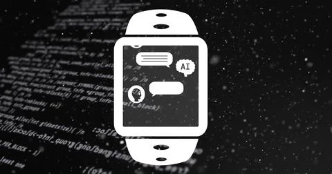 Image of ai chat interface in smartwatch and computer language over black Foto stock
