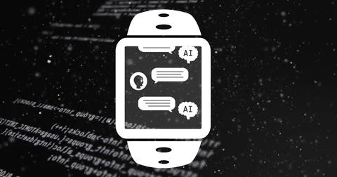 Image of ai chat interface in smartwatch and computer language over black Stock Photos