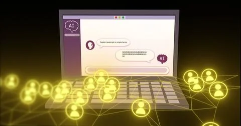 Image of, AI chatbot explaining JavaScript over network of connected users Stock Illustration