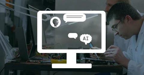 Image of ai chatbot icons on computer screen over diverse engineers Stock Photos