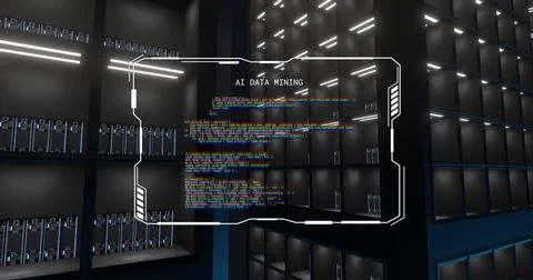 Image of ai data mining text on processing file over dark computer server room Stock Photos
