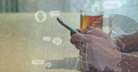 Image of ai data processing and globe over caucasian man using tablet Stock Photos