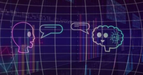 Image of ai data processing and icons over grid Stock Photos