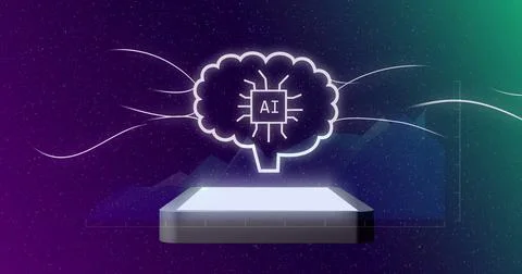 Image of ai data processing and icons over computer screen Stock Photos