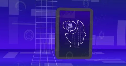 Image of ai data processing and icon over computer screen 스톡 사진