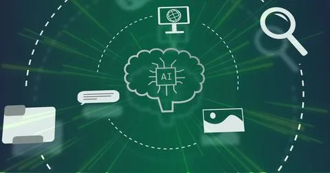 Image of ai data processing and icons over green background Stock Photos