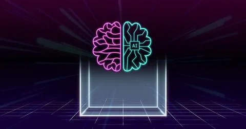 Image of ai data processing and icons over cube and dark background 库存照片