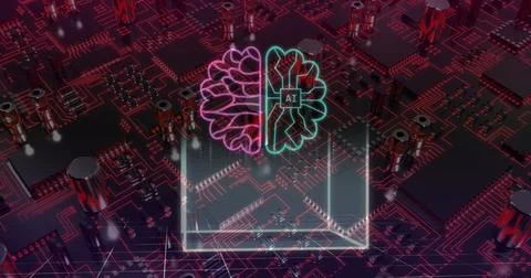 Image of ai data processing and icons over computer circuit board background 스톡 사진