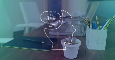 Image of ai data processing and icons over computer on desk Stock Photos