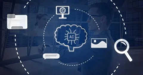 Image of ai data processing and icons over blue background 스톡 사진