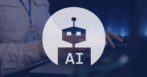 Image of ai data processing and icon over caucasian businessman using laptop Stock Photos